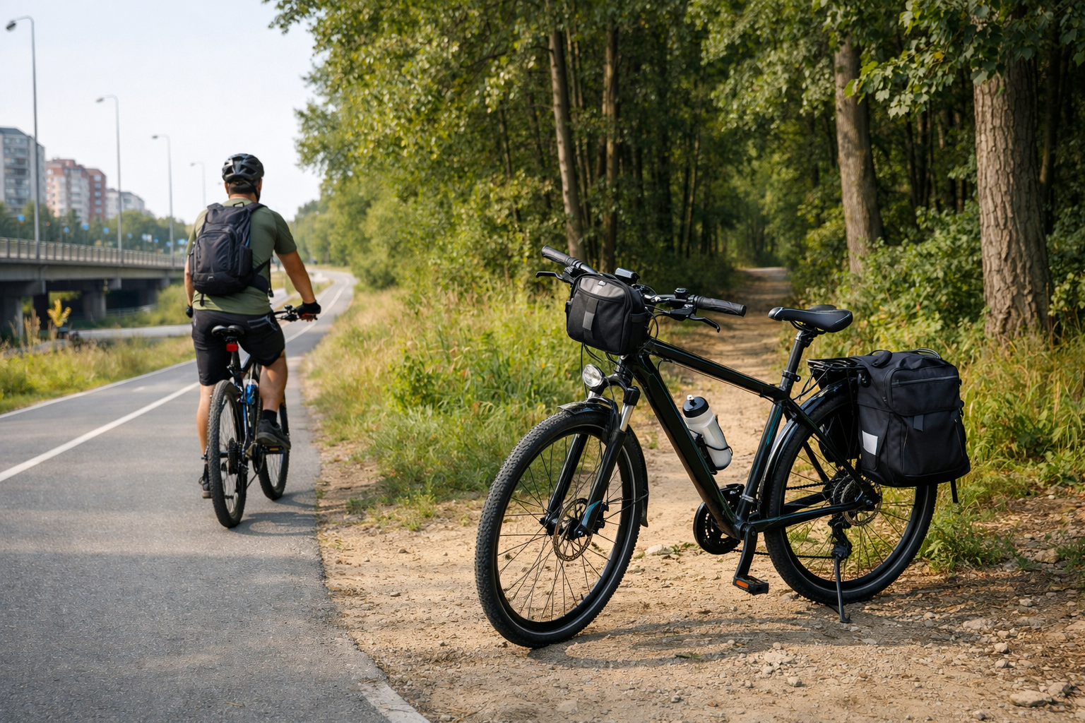 Rowerzysta na trasie z rowerem trekkingowym